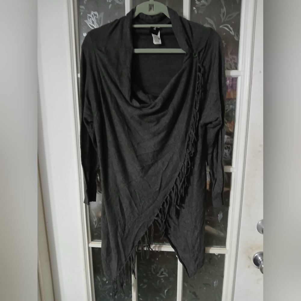 Libian Women's 1x Gray Knit Open wrap Front Cardigan Fringe Asymmetrical 3/4